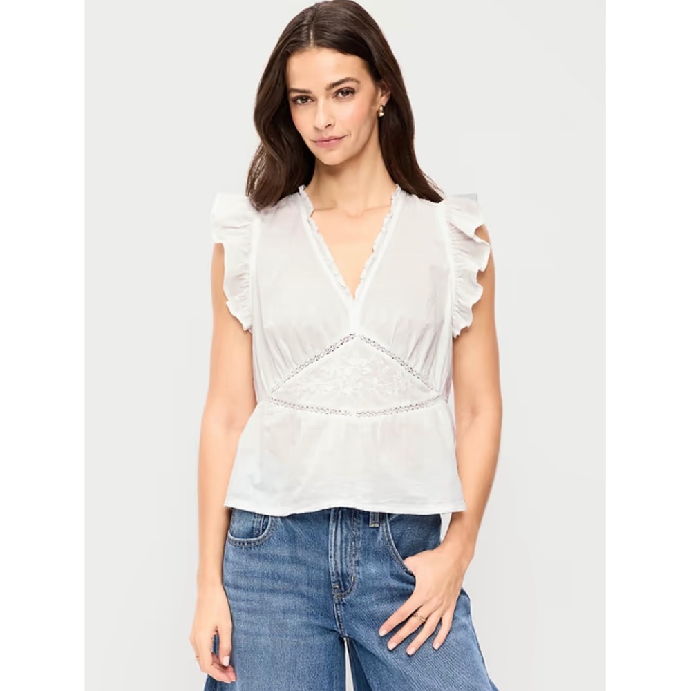 Old Navy White Ruffle V-Neck Embroidered Lace Trim Sleeveless Blouse Small Tall